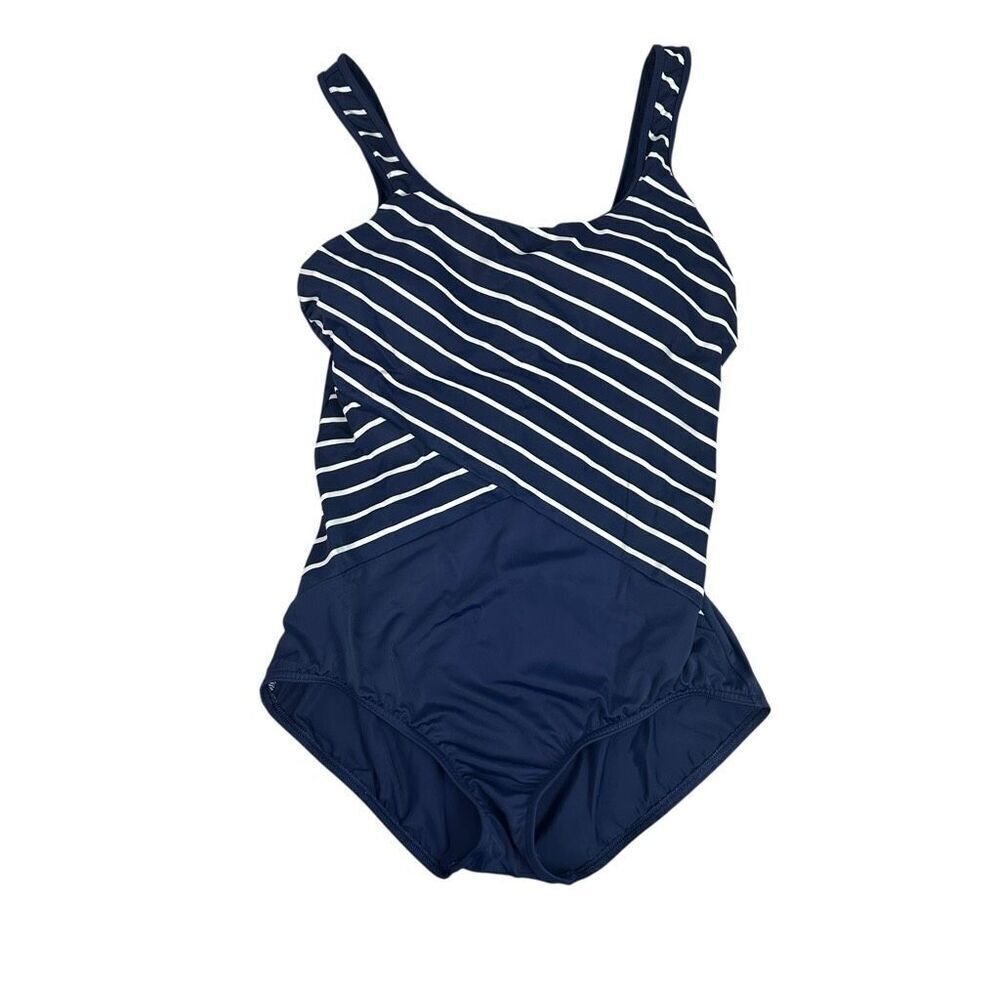 Lands End 12L Tugless Tank One Piece Swimsuit Navy White